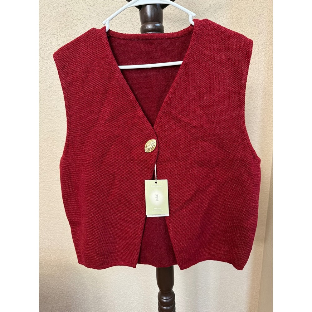 BrocadeSpring Womens Red Knit Vest V-Neck Gold Button Sleeveless Cardigan NEW